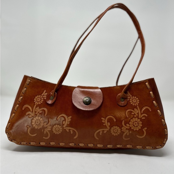 Vintage (1970's Era) Boho Embossed Leather Handbag, Handmade, Brown - Picture 2 of 2
